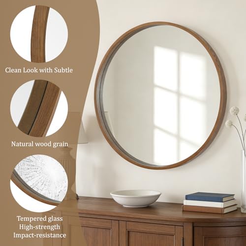 WallBeyond Round Wood Mirror, 32" Round Modern Decoration Large Circle Wall Mirror for Bathroom Living Room Bedroom Entryway, Walnut