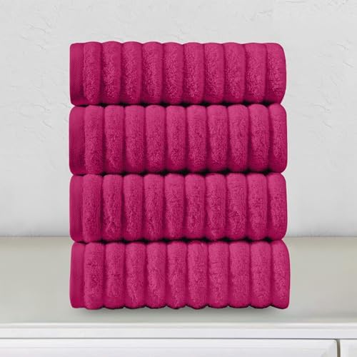 Elegant Comfort Luxury 100% Turkish Cotton Corduroy Ribbed 4 Pack Hand Towel Set 16 x 28 Inch - Absorbent, Super Soft, Quick Dry, Premium Towels for Bathroom, Gym, Spa and Hotel Use, Hot Pink