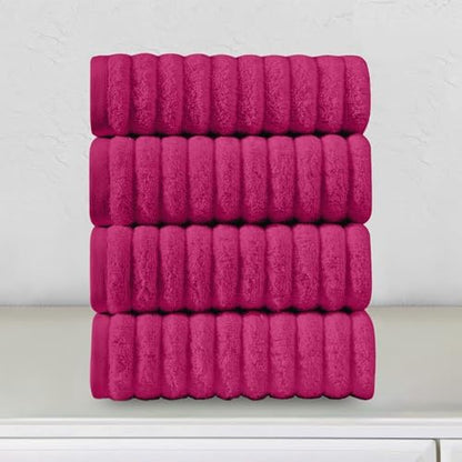 Elegant Comfort Luxury 100% Turkish Cotton Corduroy Ribbed 4 Pack Hand Towel Set 16 x 28 Inch - Absorbent, Super Soft, Quick Dry, Premium Towels for Bathroom, Gym, Spa and Hotel Use, Hot Pink