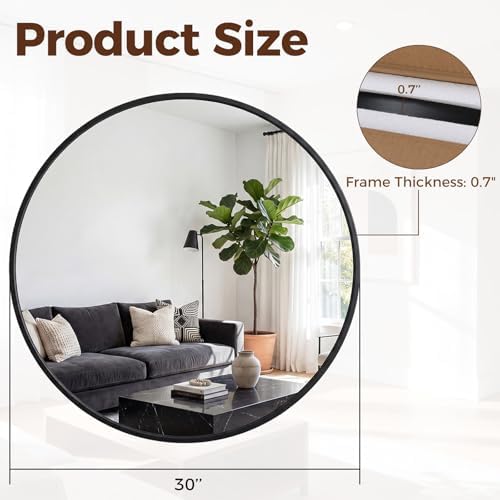 NEWBULIG 30 Inch Round Wall Mirror, Bathroom Mirrors for Over Sink, Matte Metal Framed Circle Vanity Mirror, Wall Decor for Bedroom, Anti-Rust, Tempered Glass, Hanging or Leaning, Classic Black