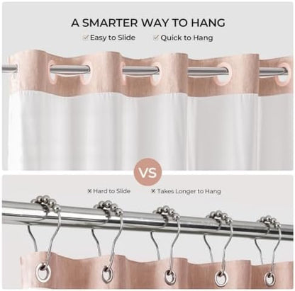 River Dream Linen Textured No Hooks Shower Curtain with Liner,Pink,71x74