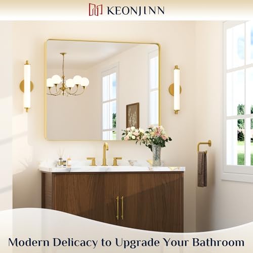 Keonjinn 42 x 36 Inch Gold Bathroom Mirror, Tempered Glass Vanity Mirror