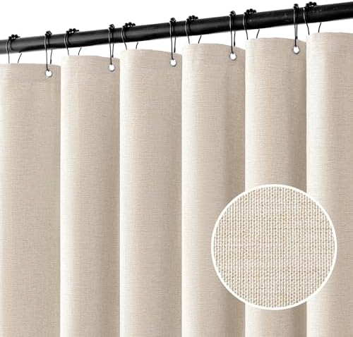 MIULEE W108*L72 Extra Wide Linen Shower Curtain Cream Beige 18 Metal Hooks
