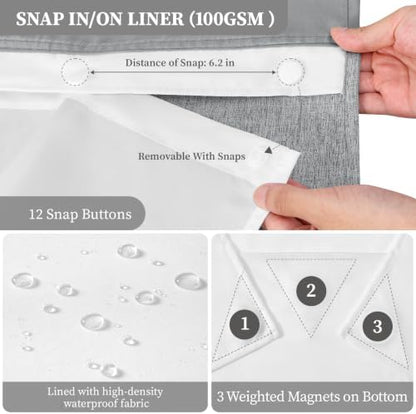 BTTN Grey Ringless Linen Textured Shower Curtain with Snap in Liner, 72x75
