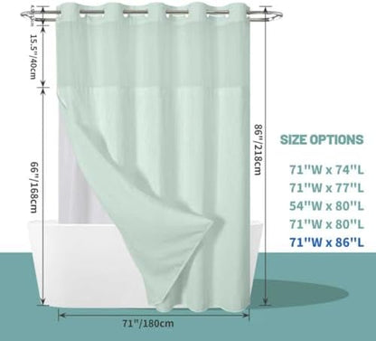 No Hook Long Waffle Shower Curtain, Snap-In Liner, 71x86 in, Mint Green