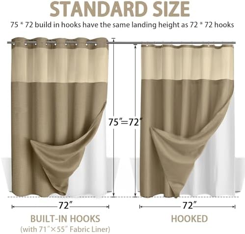 No Hook Shower Curtain with Liner Set Hotel Waffle Curtain Beige 72W X 75L
