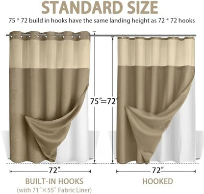 No Hook Shower Curtain with Liner Set Hotel Waffle Curtain Beige 72W X 75L