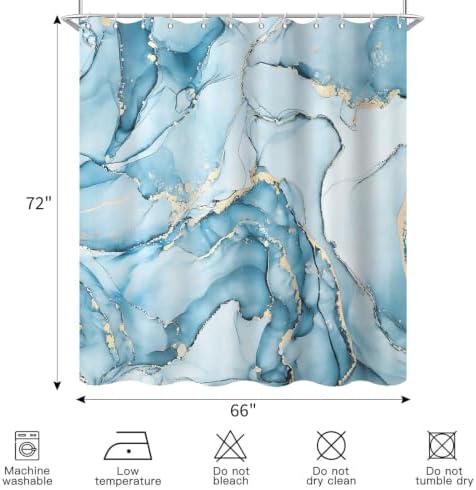 Aqua Blue Marble Shower Curtain Modern Abstract Luxury Gold Ink Texture Ombre Watercolor Bathroom Curtain Set with Hooks Soft and Lightweight Waterproof Fabric Machine Washable 66" WX72 L