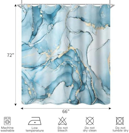 Aqua Blue Marble Shower Curtain Modern Abstract Luxury Gold Ink Texture Ombre Watercolor Bathroom Curtain Set with Hooks Soft and Lightweight Waterproof Fabric Machine Washable 66" WX72 L