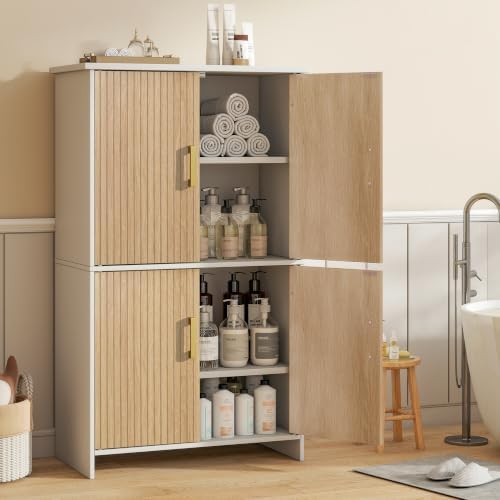 Bathroom Storage Cabinet, Floor Cabinet with 4 Fluted Doors and 2 Adjustable Shelves Wooden Tall Freestanding Organizers and Storage,White