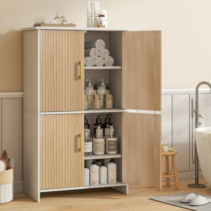 Bathroom Storage Cabinet, Floor Cabinet with 4 Fluted Doors and 2 Adjustable Shelves Wooden Tall Freestanding Organizers and Storage,White