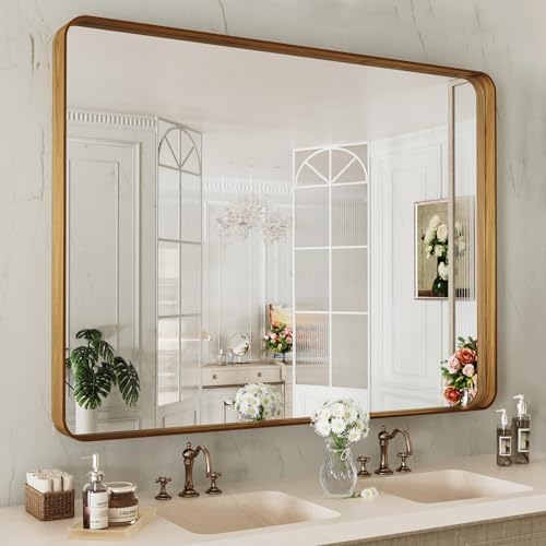 LOAAO 48X36 Inch Bathroom Mirror with Wood Grain Colored Metal Frame