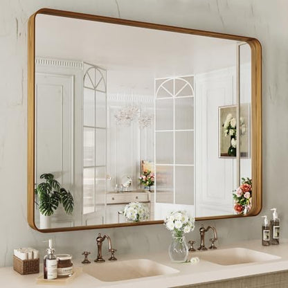 LOAAO 48X36 Inch Bathroom Mirror with Wood Grain Colored Metal Frame