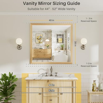40x38 Inch Bathroom Mirror for Wall, Anti-Rust Oak Wood Grain Metal Framed Bathroom Mirrors for Over Sink,Rectangler Mirrors for Bathroom Vanity, Farmhouse, Bedroom, Living Room, Entryway Decor