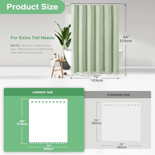 Dynamene Extra Long Boho Shower Curtain Tufted Chevron 72"x84" Sage Green