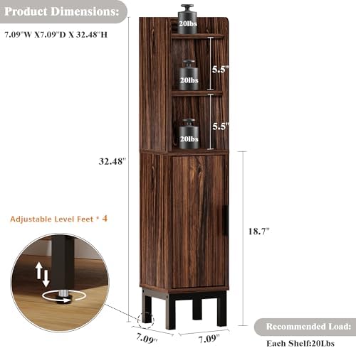 FerniTry Small Bathroom Storage Cabinet, Corner Floor Cabinet with Door and Shelves, Narrow Toilet Paper Cabinet, Bathroom Organizer with Adjustable Shelf, for Small Spaces (Walnut)
