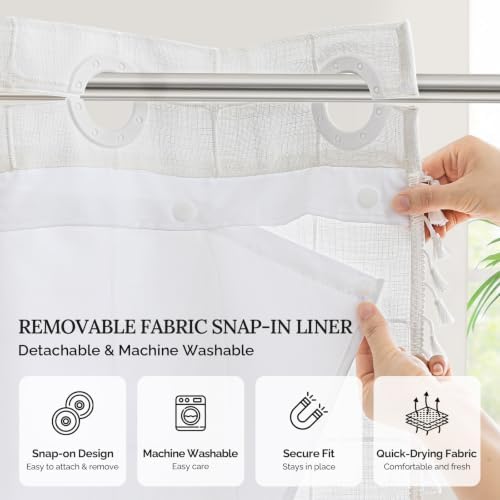 RiverDream Farmhouse No Hooks Shower Curtain with Snap-in Liner,White,71x74