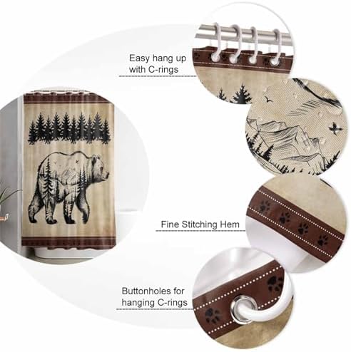 Shower Curtain Bathroom Set Bear Forest Mountains Animal Silhouette Waterproof Shower Curtains with Grommets Hooks Vintage Brown Gradient Privacy Bath Curtain for Bathtub Decor 36x72in