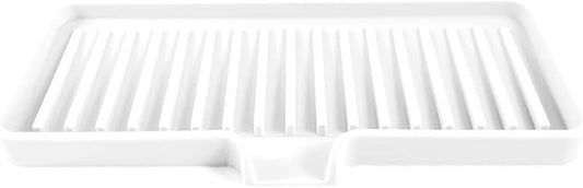 Silicone Soap Dish Tray and Sponge Holder with Drain Chute, Rectangular, Kitchen and Bathroom Sink Organizer (White, 9"x3.5")
