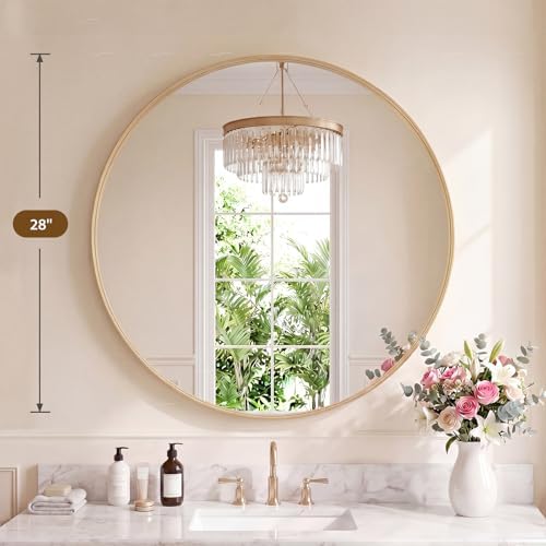 NEWBULIG 28-Inch Round Wall Mirror, Bathroom Wall Circle Mirror
