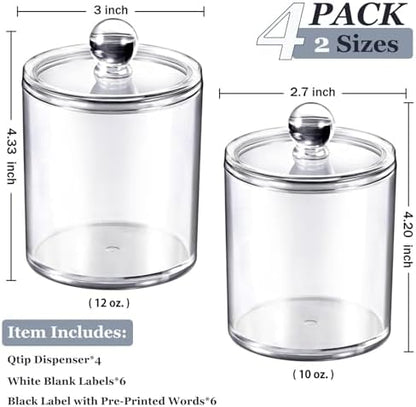 SheeChung 4 Pack Acrylic Qtip Holder with Labels, Qtip Jars for Bathroom