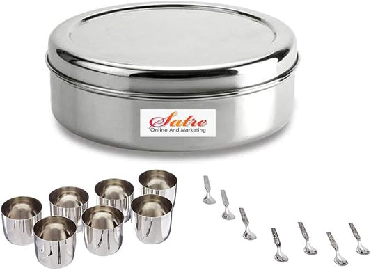 Satre Online and Marketing Stainless Steel Spice Box Without Lid,Stainless Steel Masala Box,Indian Spice Box with 7 Spice Containers and Spoons