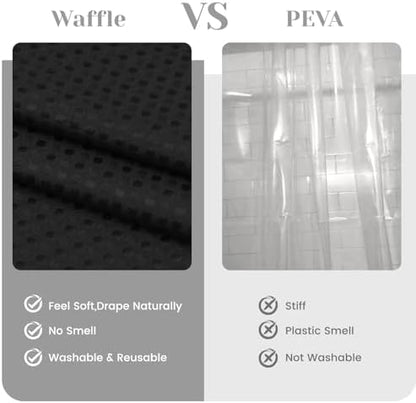 SORTTO No Hook Waffle Shower Curtain with Snap in Liner Set, 54x74, Black