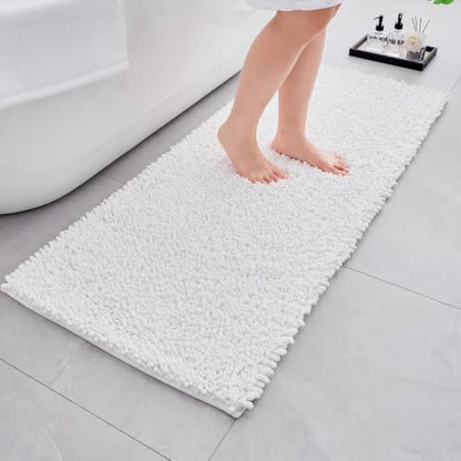 Bathroom Rugs Non Slip Washable 55x24, Extra Thick Soft Chenille Absorbent Bath Mat, High Density Barrier Non Slip Backing, Quick Dry Plush Shaggy Floor Carpet for Tub&Shower, White