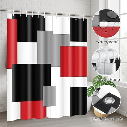 Bathroom Sets with Shower Curtain and Rugs, 4 Pcs, Red Geometric