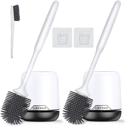 Lefree 2 Pack Silicone Toilet Brush,Rubber Toilet Bowl Brush and Holder Set with Ventilated Holder, Toilet Cleaner Brush for Bathroom,Floor Standing & Wall Mounted Toilet Scrubber Without Drilling