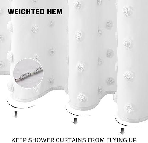 Extra Long Boho Farmhouse Shower Curtain Woven Fabric White Shower Curtain, 72 x 78 Tufted Pleat Floral Puffs Textured Modern Farmhouse Minimalist Shower Curtain Set with Hooks for Bathroom