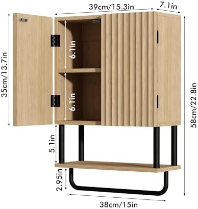 RUSTOWN Fluted Bathroom Wall Cabinet with 2 Doors, 3-Tier Medicine Cabinet