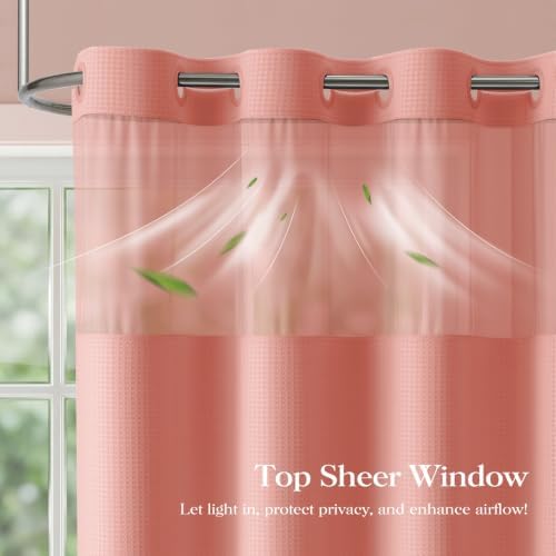 Dynamene Coral Hook Free Waffle Shower Curtain & Snap-in Fabric Liner,72x81