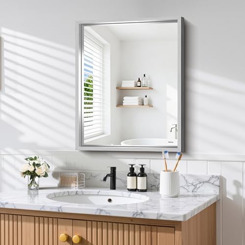 CIRCUMI 24"x30" Brushed Silver Bathroom Mirror, Rectangular Vanity Mirror
