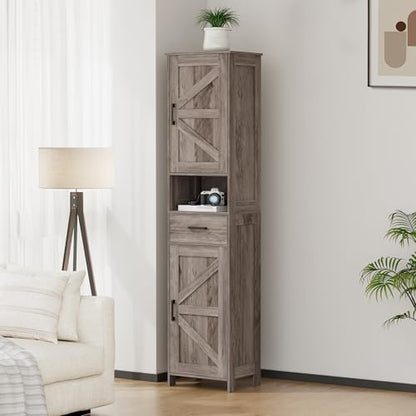 Homhedy 67" H Tall Bathroom Storage Cabinet with Barn Doors and Drawer
