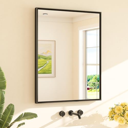TETOTE Black Mirror for Bathroom Sink 28" x 36" Matte Black Beveled Metal Frame Bathroom Vanity Rectangle Mirror for Wall, Modern Farmhouse, Tempered Glass, Shatterproof, Stronger Frame