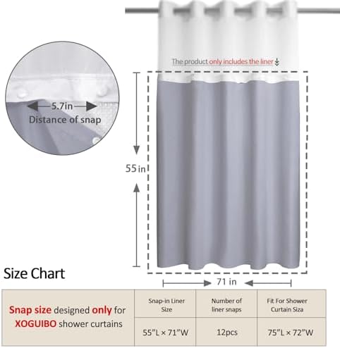 No Hook Shower Curtain Snap-in Fabric Replacement Liner Grey 71" W x 55" L