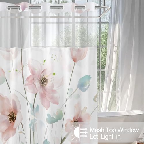 No Hook Shower Curtain and Liner Set, Light Pink Boho Floral 71x77