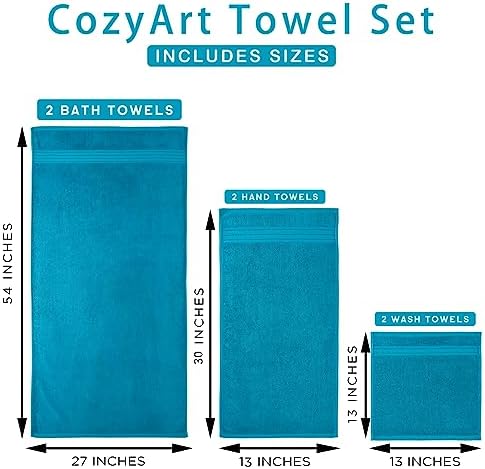 COZYART Luxury Bath Towel Set 6 Pcs Teal/Peacock Blue 100% Turkish Cotton