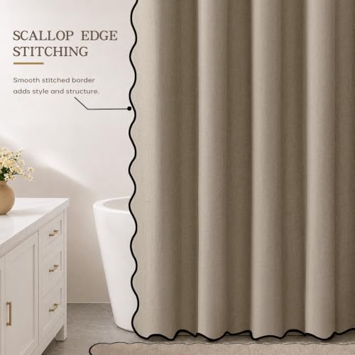 Furlinic Linen Shower Curtain No Hook Scalloped Greige Waterproof W48 x H75