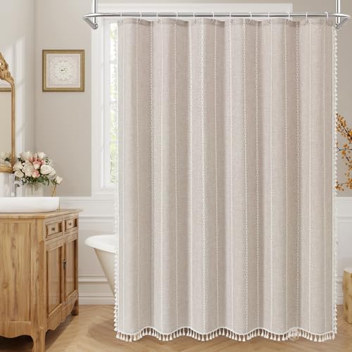 MitoVilla Boho Tassel Linen Shower Curtain,3D Embroidery Stripe Taupe,72x84