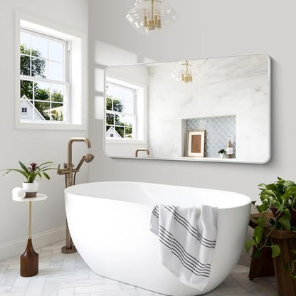 BONEWEI Silver Bathroom Mirror,60x36 inch Wall Mirror for Bathroom Wall Mounted,Rectangle Mirror for Bathroom Over Sink,Modern Frame Round Corner for Living Room,Bedroom Entryway,Horizontal/Vertical