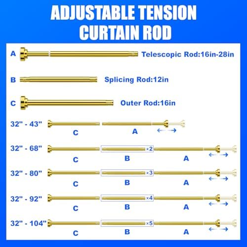 Ausemku Shower Curtain Rod - 32-68 Inch Rustproof Tension Rod, Non-Slip Spring Design, No Drilling Adjustable Curtain Rod for Bathroom, Kitchen, and Closet（Gold）