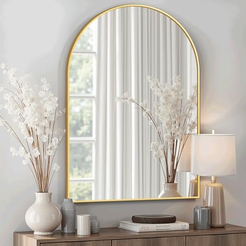 Arched Bathroom Mirror for Wall, 30" x 20" Metal Frame Vanity Mirror, Gold