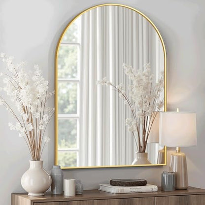 Arched Bathroom Mirror for Wall, 30" x 20" Metal Frame Vanity Mirror, Gold