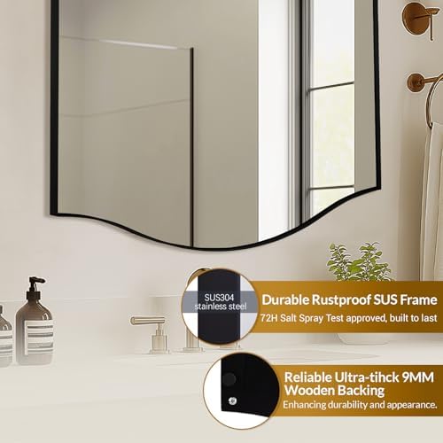 ANDY STAR Black Bathroom Mirror, 20"x30" Scalloped Wall Mirror in Stainless Steel Metal Frame, Unique Vanity Mirror with Modern Curved Edge Design, Ideal for Bathroom, Bedroom, Entryway