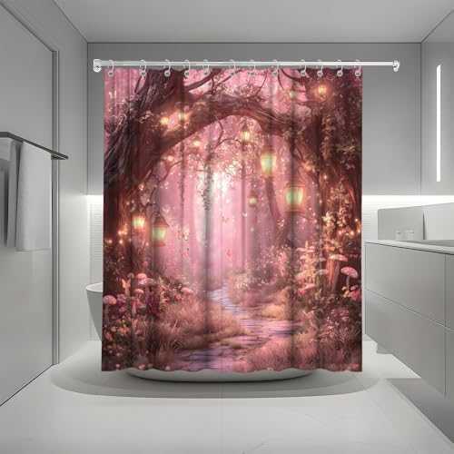 Fantasy Forest Path Shower Curtain Pink Fairy Magical Enchanted Misty Jungle Mushroom Floral Tree Butterfly Lantern Wonderland Bath Curtain Fabric Bathroom Accessories Decor with Hooks 80W x70L