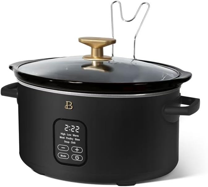 B 6 Qt Programmable Slow Cooker with Digital Timer, 5 Cooking Functions, Removable Ceramic Pot, Tempered Glass Lid, Dishwasher Safe (Black Sesame)