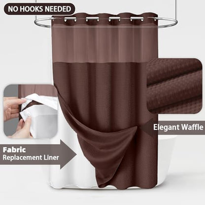No Hook Shower Curtain with Liner Set Hotel Waffle Curtain Brown 72W X 75L