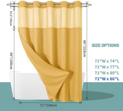 eachope No Hook Long Waffle Shower Curtain, Snap-in Liner, 71x86 in, Gold